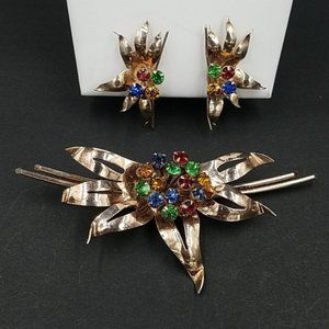 Vintage 1940's Sterling Rose Gold Plated Rhinestone Set